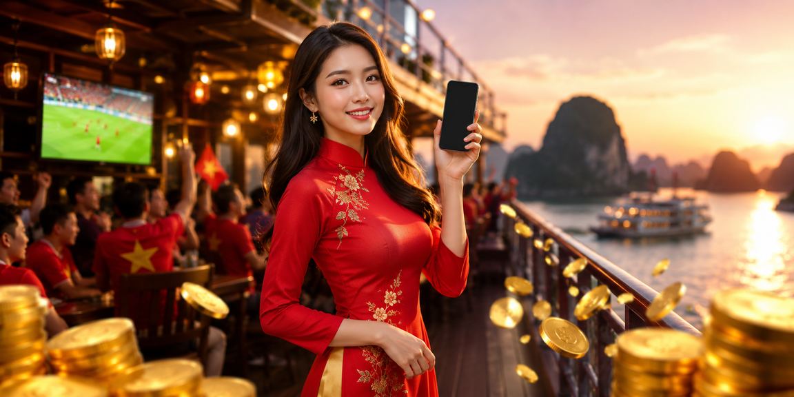 Người dùng VIP trải nghiệm xổ số online trên điện thoại tại Đà Lạt với trang phục áo dài truyền thống